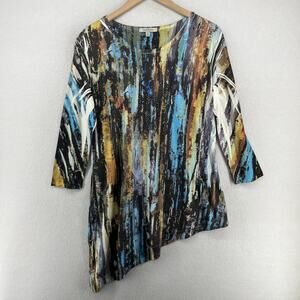 JESS & JANE Top S Abstract Tunic Asymmetric Embellish Rhinestones Blue USA